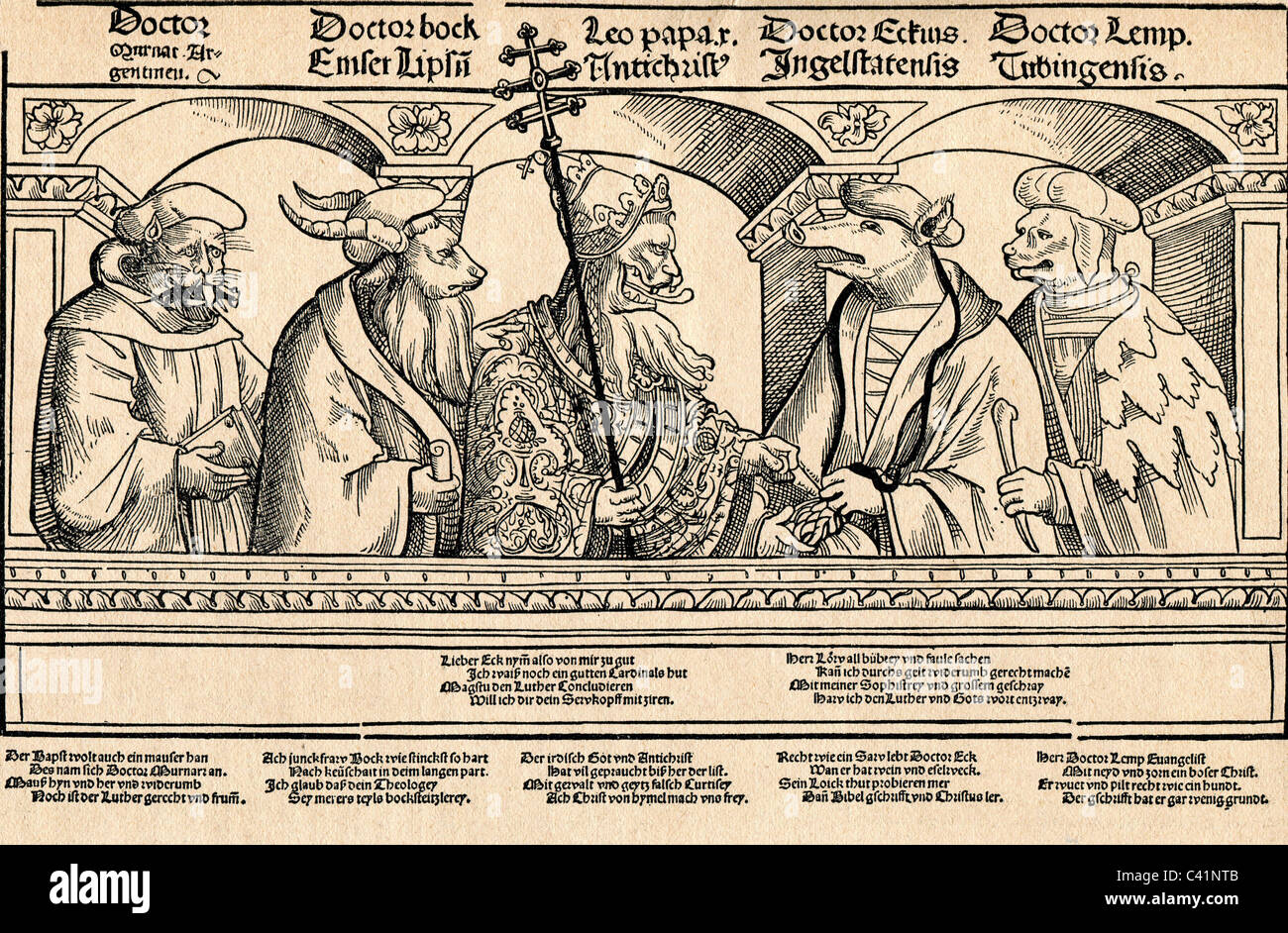 events, Protestant Reformation, 1517 - 1555, caricature on the opponents of Martin Luther, after a woodcut from circa 1520, opponent, Thomas Murner as cat, Jerome (Hieronymus) Emser as billy goat, Pope Leo X as lion (?) and antichrist, Johann Eck as pig, Jakob Lemp as dog, Catholic scholars, propaganda, caricatures, 16th century, historic, historical, people, Additional-Rights-Clearences-Not Available Stock Photo