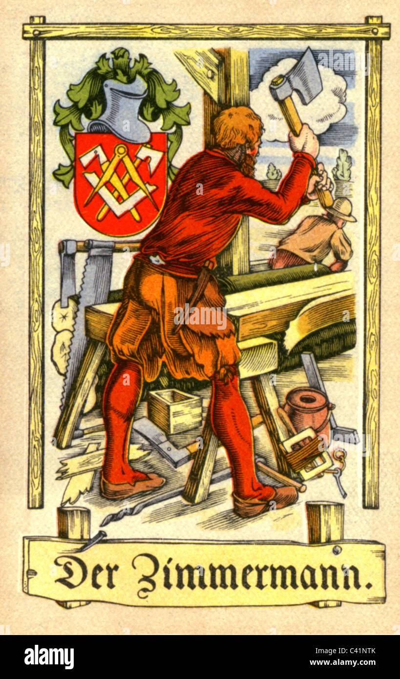 people, professions, carpenter, circa 1575, colour print, cigarette card, Tengelmann, Muehlheim/Ruhr, 1934, , Additional-Rights-Clearences-Not Available Stock Photo