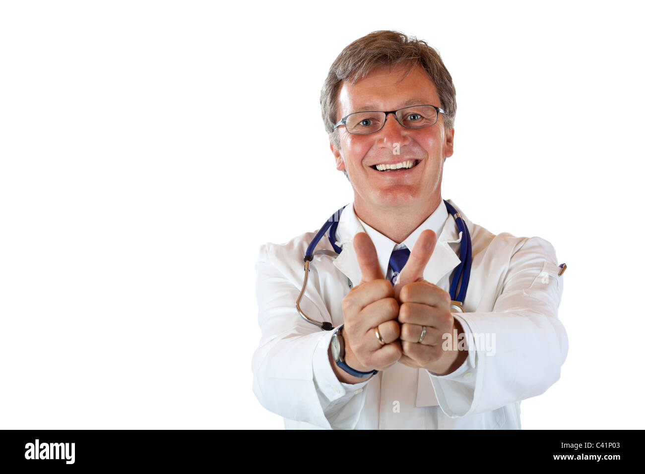 Happy smiling male medical doctor shows both thumbs up. Isolated on white background. Stock Photo