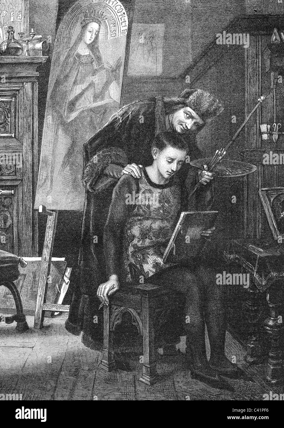 Eyck, Jan van, circa 1390 - 9.7.1441, Dutch artist (painter), half length, with his alleged brother, the painter Hubert van Eyck, wood engraving after a painting by Eduard von Gebhardt, late 19th century, Stock Photo