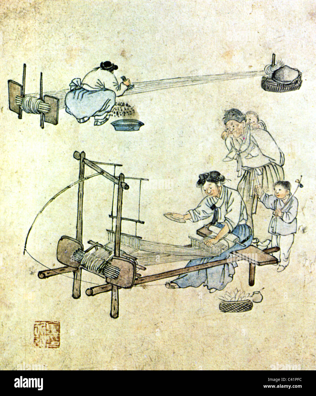 geography / travel, Korea, people, weaver, painting by Kim Hongdo, Joseon Dynasty, late 18th century, professions, handcraft, craftswoman, craftswomen, technics, weaving, loom, textiles, East Asia, Danwon, Yi, historic, historical, Additional-Rights-Clearences-Not Available Stock Photo