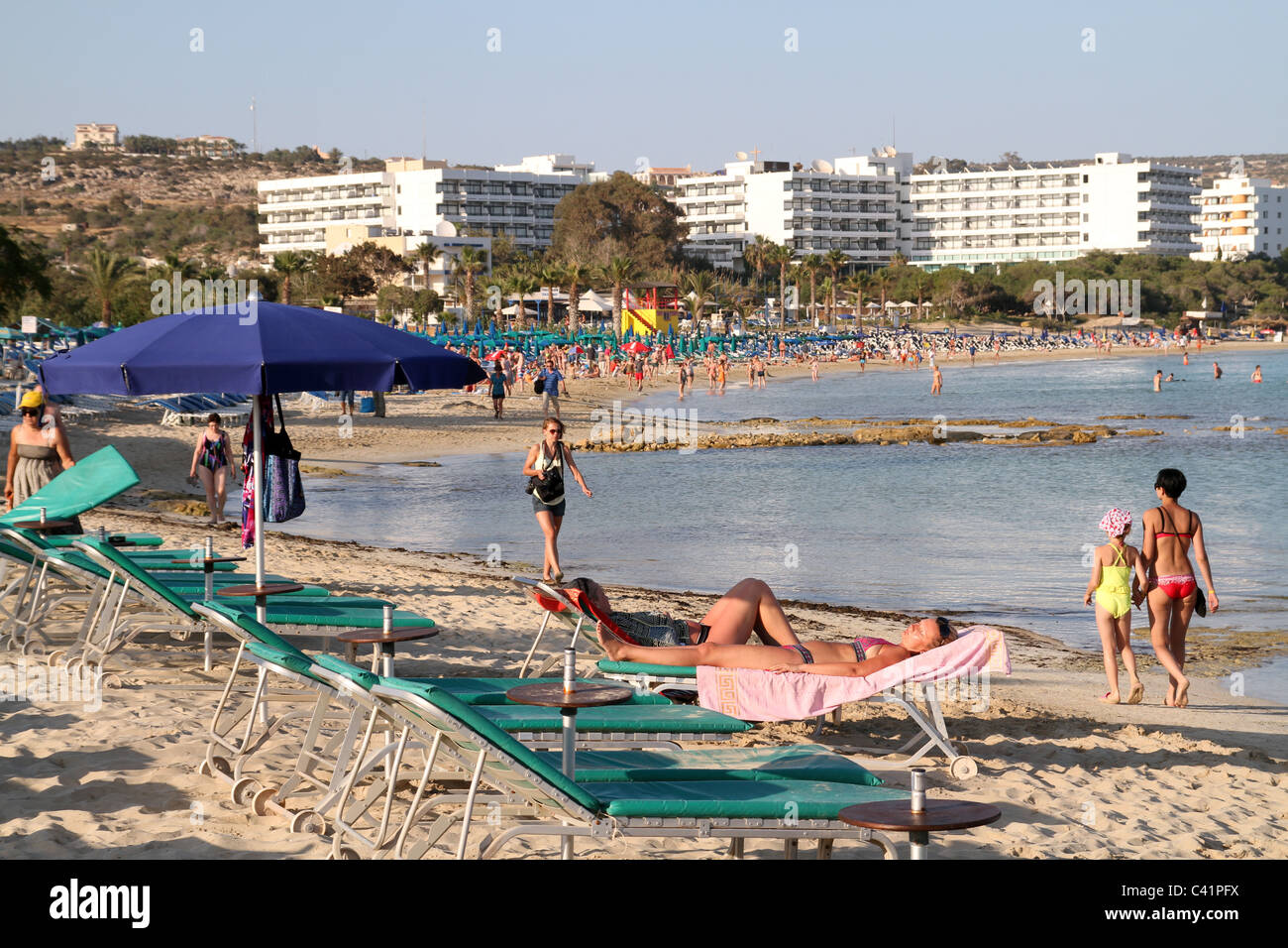 Tourists in the beach in Ayia Napa in the Republic of Cyprus Stock Photo