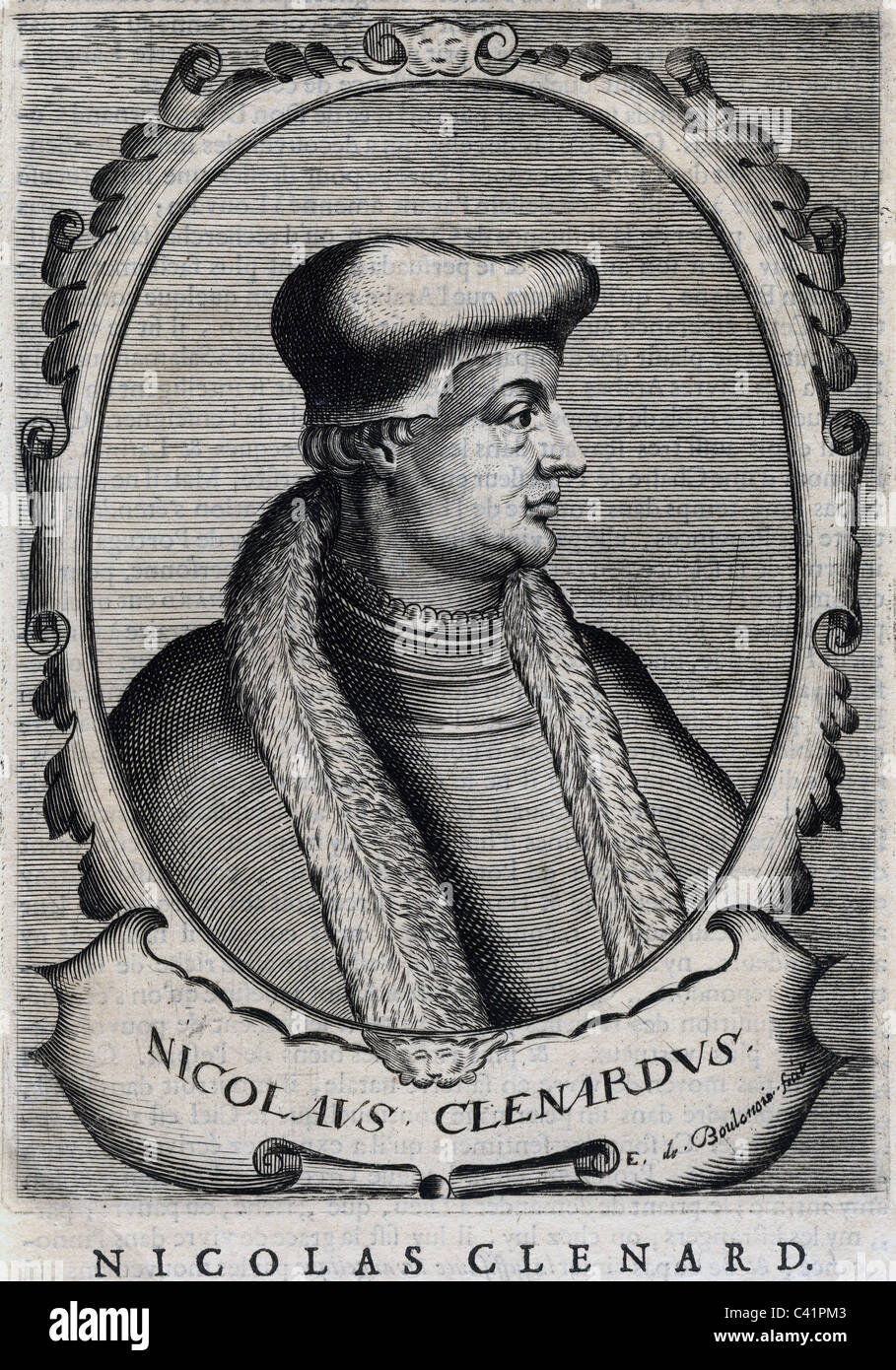 Cleynaerts, Nicolas, 5.12.1493 - 1542, Flemish humanist, theologian, grammarian, portrait, side face, copper engraving by Esme de Boulonois, 17th century, Artist's Copyright has not to be cleared Stock Photo