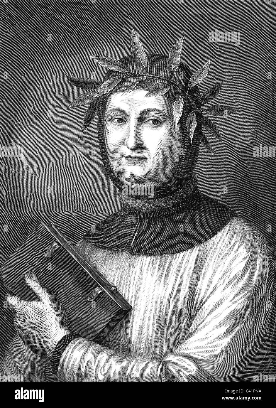 Petrarch, ( Petrarca, Francesco ), 20.7.1304 - 19.7.1374, Italian poet, half length, wood engraving, published in 1874, Stock Photo