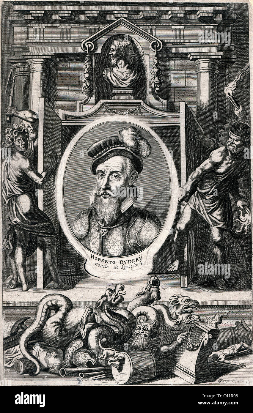 Dudley, Robert  24.6.1532 - 4. 9.1588, Earl of Leicester, English politician, Governor-General of the Netherlands 1586 / 1587, contemporary copper engraving with allegorical frame, Artist's Copyright has not to be cleared Stock Photo