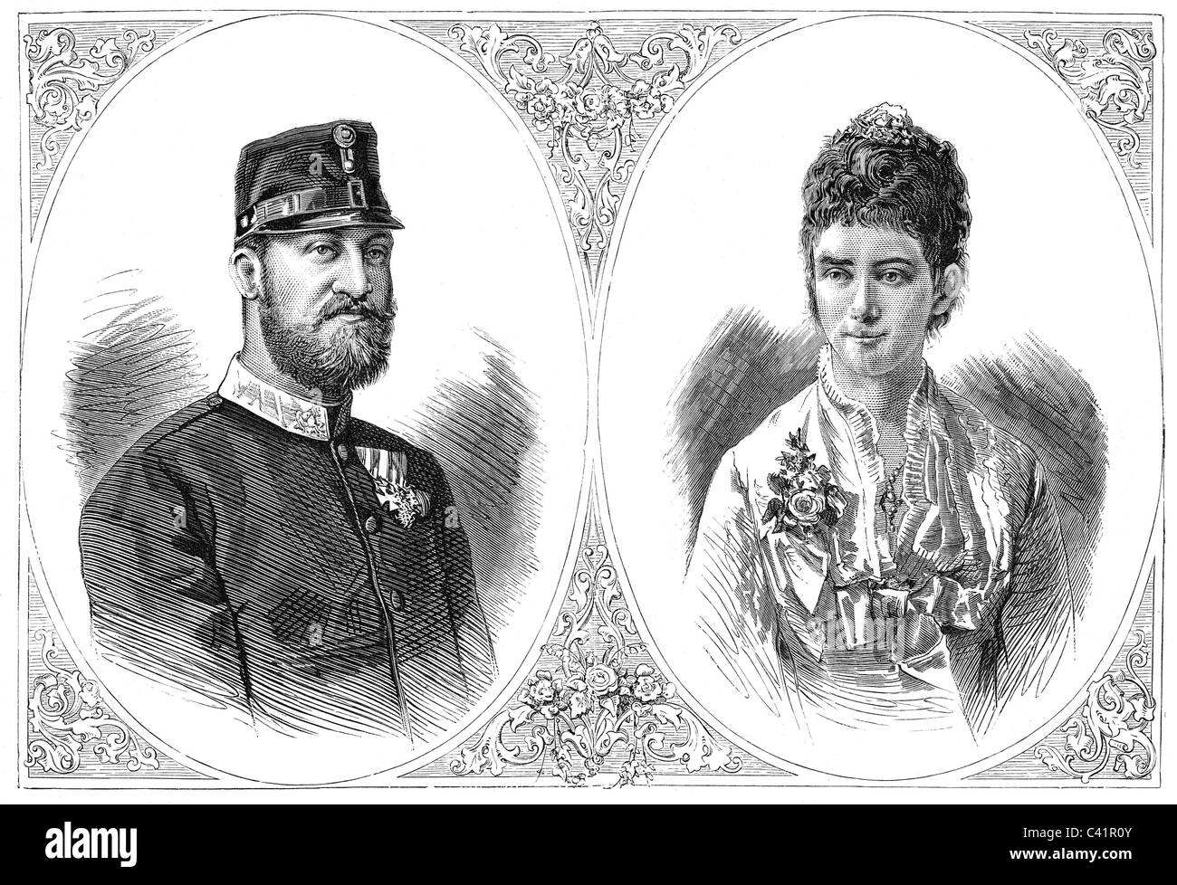 Ernest Augustus, 21.9.1845 - 14.11.1923, 3rd Duke of Cumberland and Teviotdale 1878 - 1919, portrait, with a portrait of his fiancee, Princess Thyra of Denmark, wood engraving, published in 1878, Stock Photo