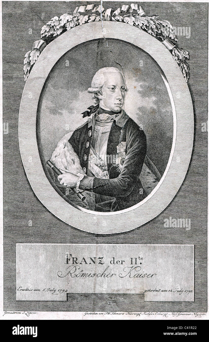 Francis II, 12.2.1768 - 2.3.1835, Holy Roman Emperor 1792 - 1806, as Francis I Emperor of Austria 1804 - 1835, portrait, copper engraving by P.W. Schwarz, 1797, Artist's Copyright has not to be cleared Stock Photo