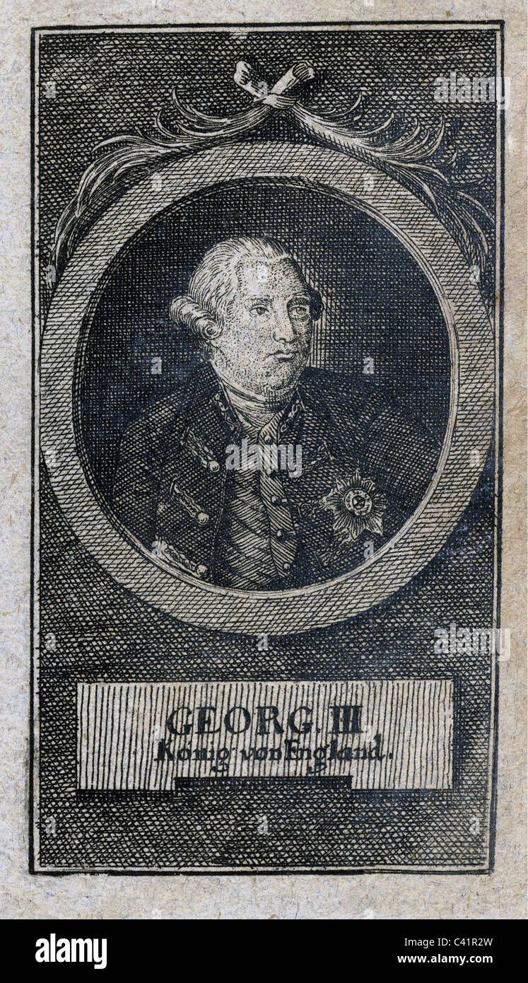 George III, 4.6.1738 - 29.1.1820, King of the United Kingdom and Hanover 1760 - 1820, portrait, contemporary copper engraving, Artist's Copyright has not to be cleared Stock Photo