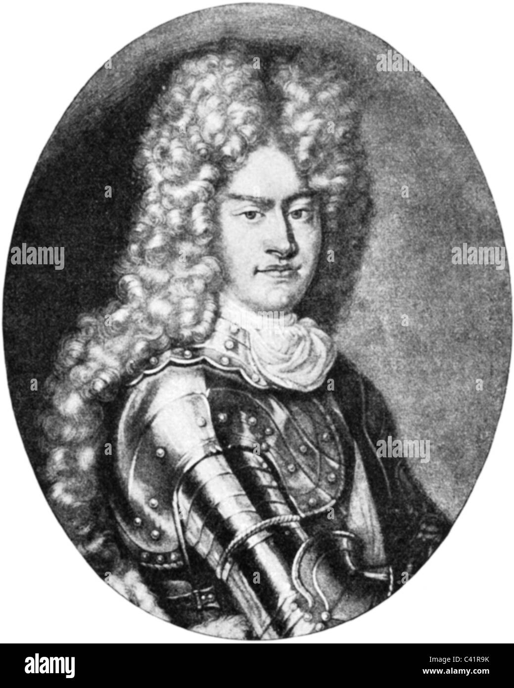 Frederick Augustus I 'the Strong', 12.5.1670 - 1.2.1733, Elector of Saxony 27.4.1694 - 1.2.1733 and King of Poland 15.9.1697 - 1.2.1733, portrait, copper engraving by Schenck, circa 1700, , Artist's Copyright has not to be cleared Stock Photo