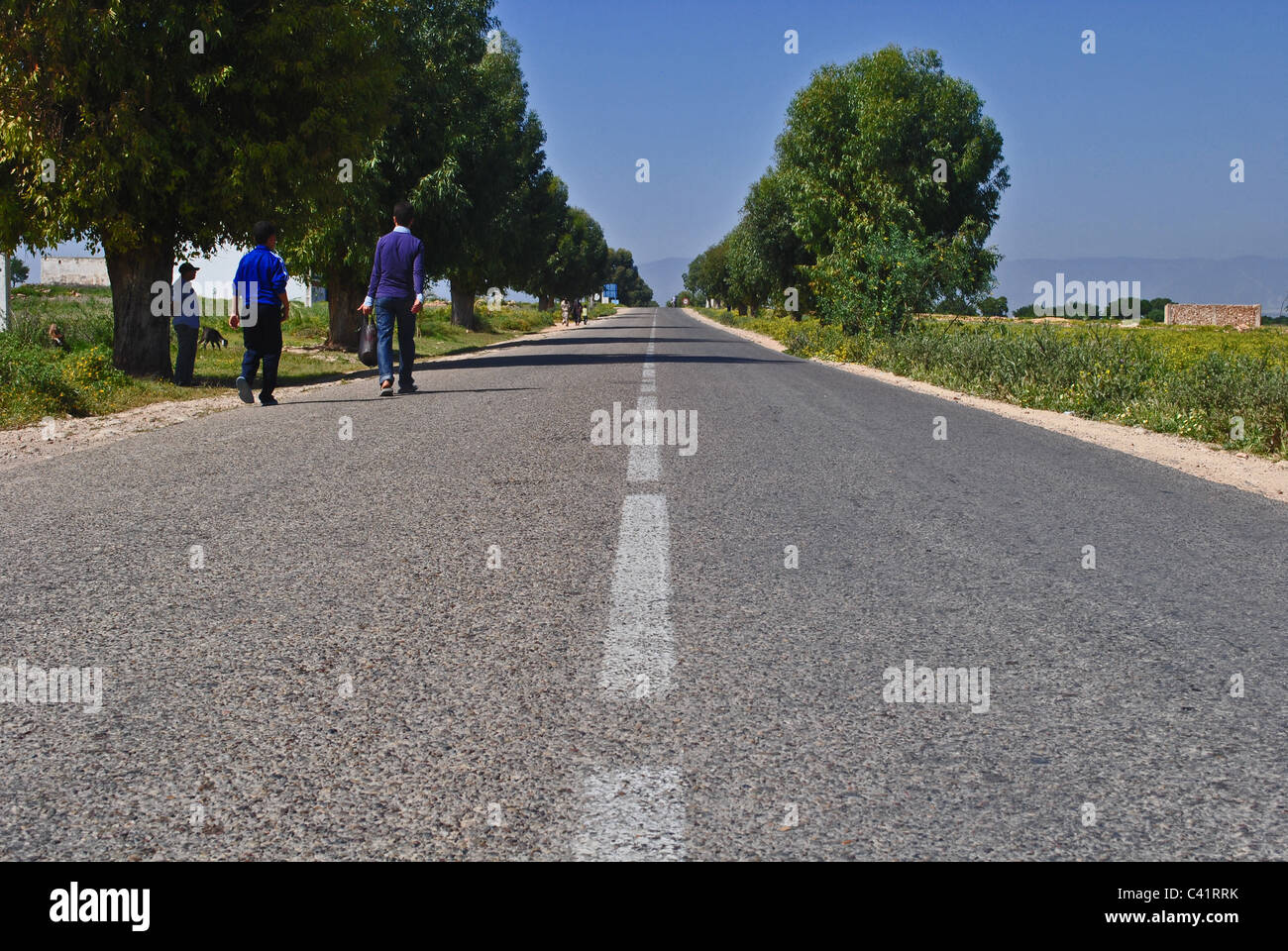Boys walk along a road near Agadir, Morocco Stock Photo