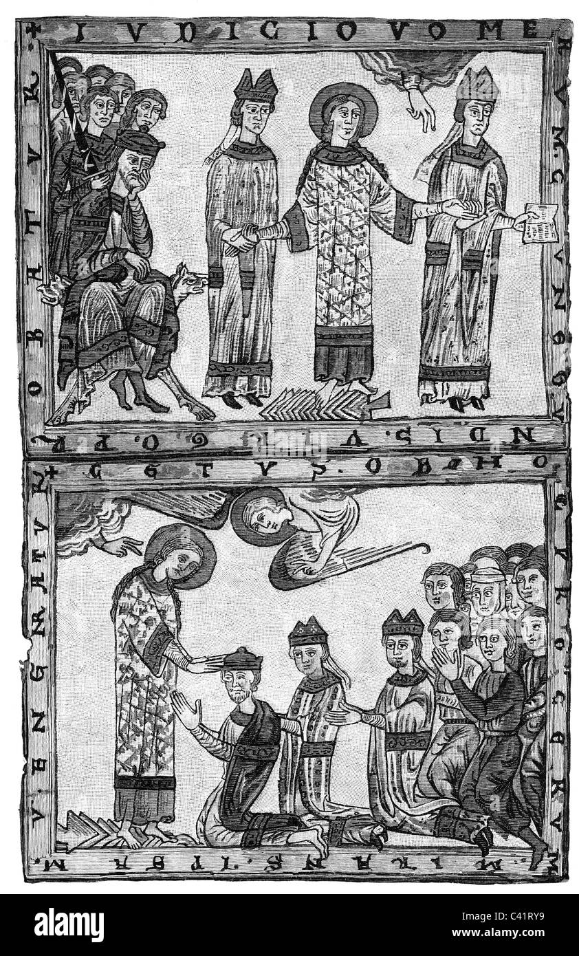 Henry II 'the Saint', 6.5.973 - 13.7.1024, Holy Roman Emperor 14.2.1014 - 13.7.1024, with wife Cunigunde, ordeal, miniature, circa 1150, Bamberg City Library, wood engraving, 19th century, , Stock Photo