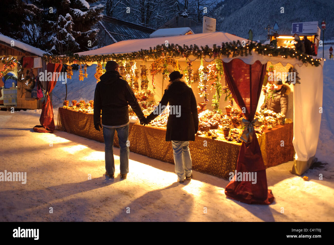 famous christmas market at evening at abbey Ettal in Germany, Bavaria