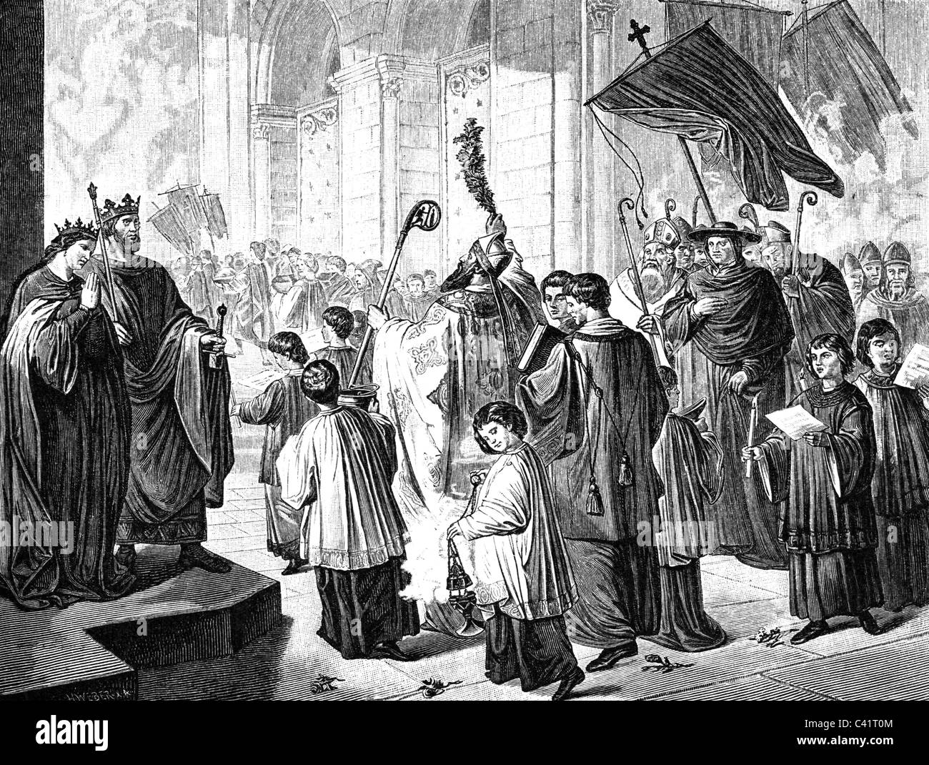 Henry II 'the Saint', 6.5.973 - 13.7.1024, Holy Roman Emperor 14.2.1014 - 13.7.1024, with wife Cunigunde, consegration of the Bamberg Cathedral, 1007,  wood engraving, 19th century, , Stock Photo