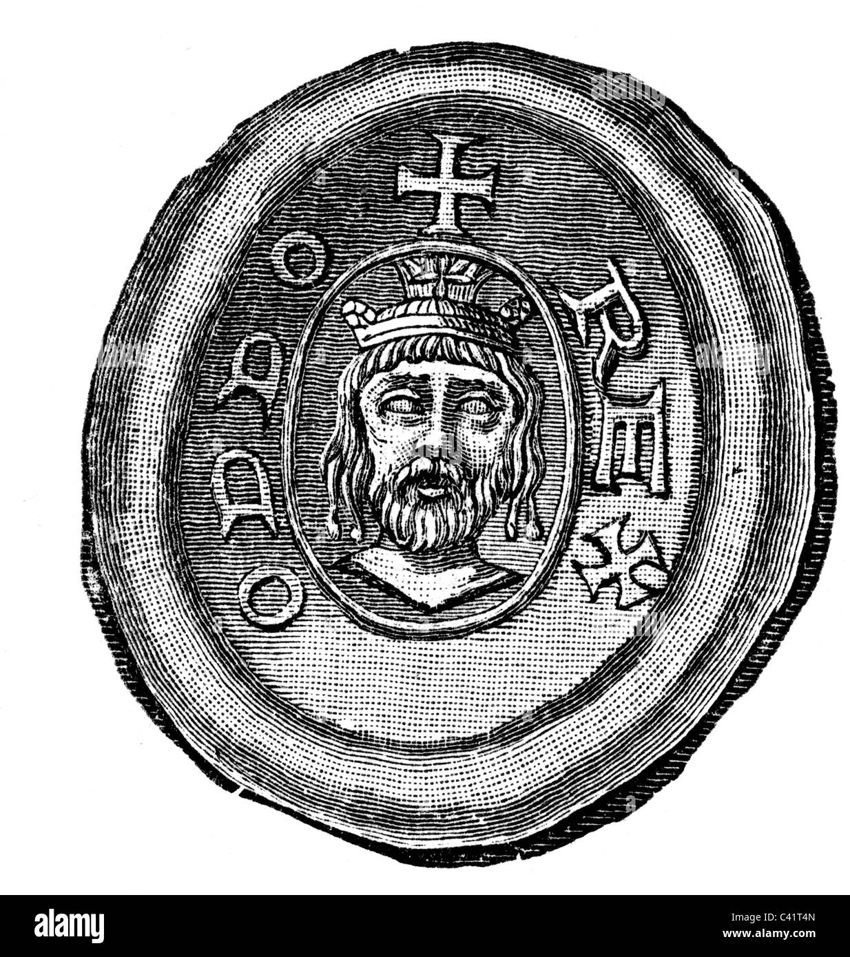 Otto I "the Great", 23.11.912 - 7.5.973, Holy Roman Emperor 2.2.962 - 7.5.973, portrait, seal, wood engraving, 19th century, , Stock Photo