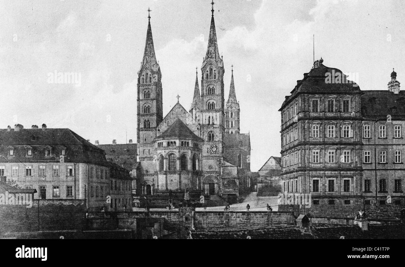 geography / travel, Germany, Bamberg, churches, cathedral, built 1004 - 1012, exterior view from West, picture postcard, published by Palm and Enke, Erlangen, circa 1900, church, Kingdom of Bavaria, Upper Franconia, Imperial Germany, Central Europe, 19th/20th century, historic, historical, middle ages, medieval, people, 1900s, Additional-Rights-Clearences-Not Available Stock Photo