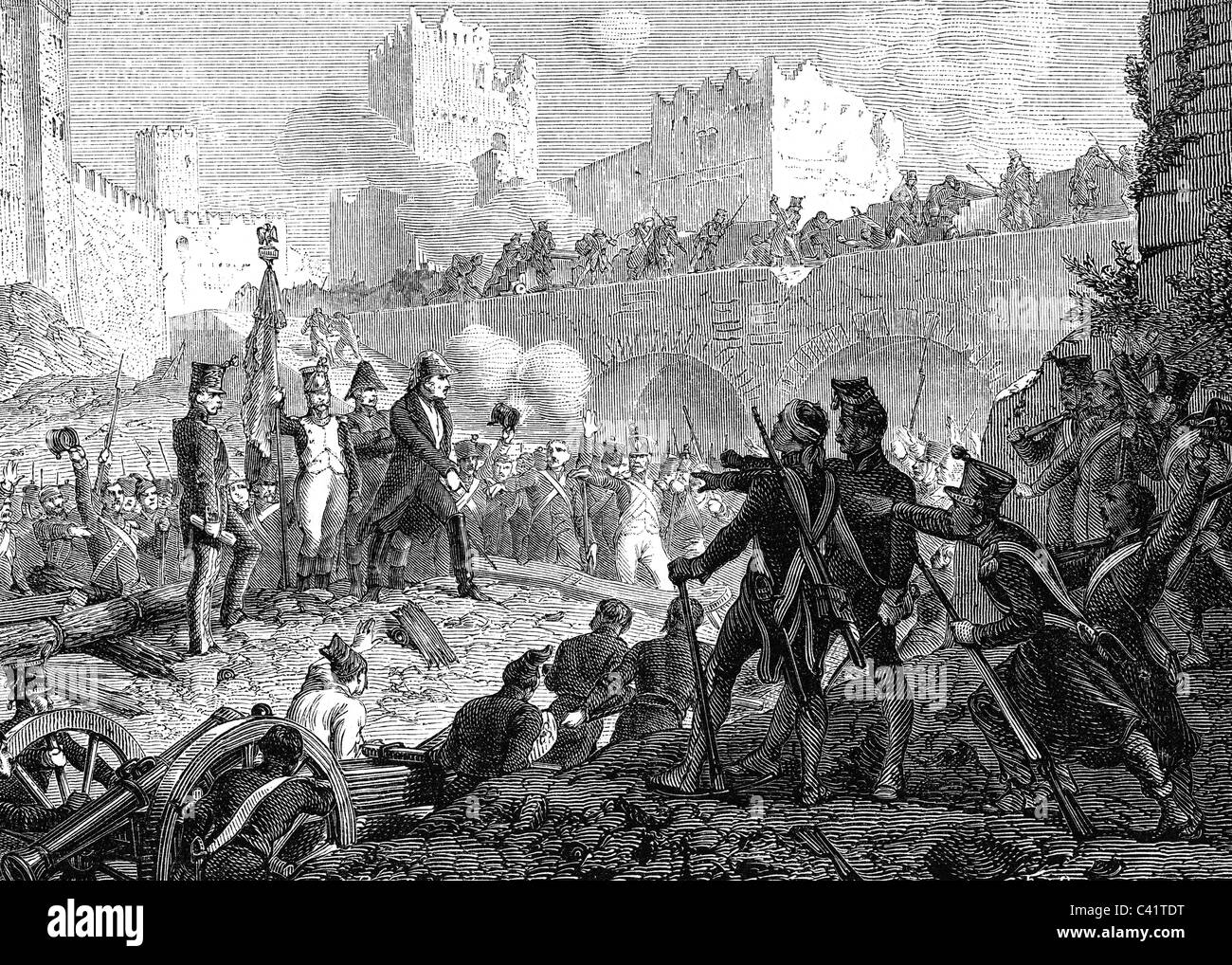 events, Peninsula War 1808 - 1812, Siege of Badajoz 16.3. - 6.4.1812, surrender of the French garrison, wood engraving, 19th century, general Armand Philippon, soldiers, city, spain, Napoleonic Wars, France, historic, historical, people, Additional-Rights-Clearences-Not Available Stock Photo