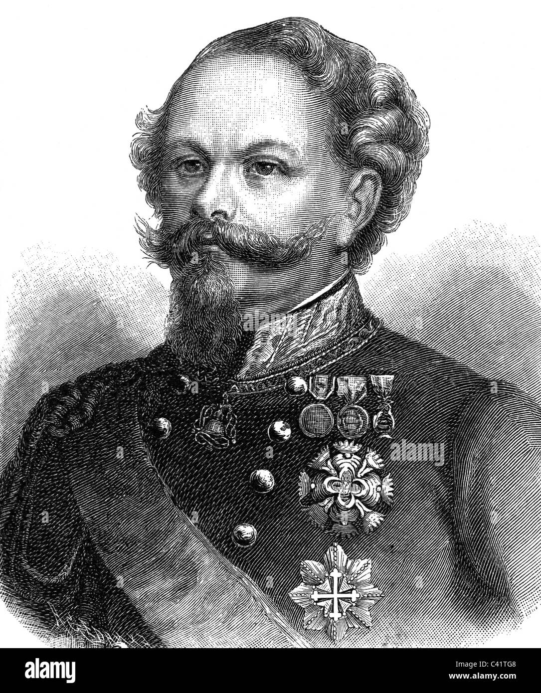 Victor Emmanuel II, 14.3.1820 - 9.1.1878, King of Italy 7.3.1861 - 9.1.1878, King of Sardinia 9.1.1849 - 17.3.1861, portrait, wood engraving, 1859, , Stock Photo