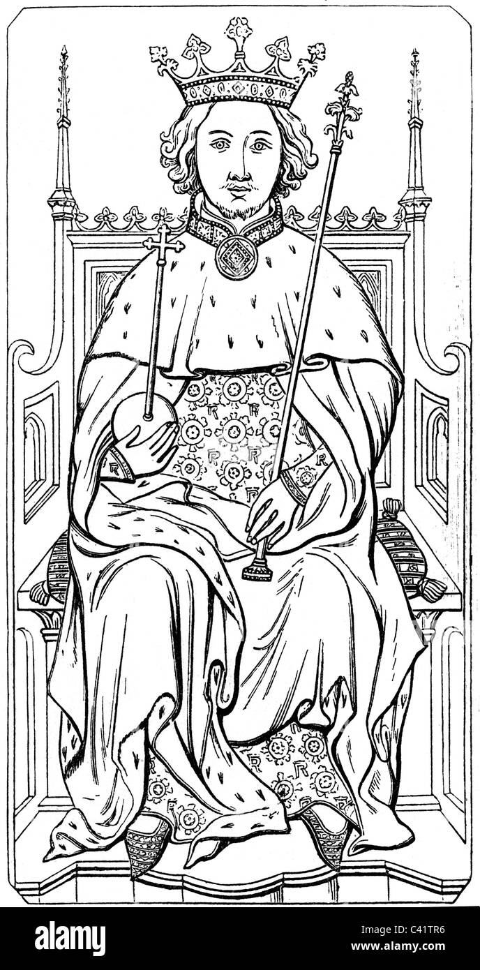 Richard II, 6.1.1367 - 14.2.1400, King of England 16.7.1367 - 29.9.1399, full length, on the throne, wood engraving, 19th century, , Stock Photo