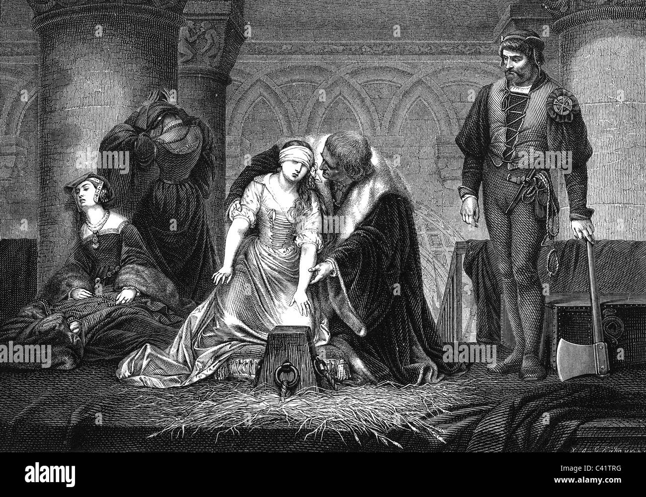 Jane Grey, 12.10.1537 - 12.2.1554, Queen of England 10.7.1553 - 19.7.1553, death, execution in the Tower of London, wood engraving after painting by Paul Delaroche, 1833, , Artist's Copyright has not to be cleared Stock Photo