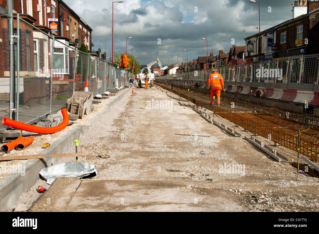 Manchester Metrolink tram route under construction on Manchester Road, Droylsden, Manchester