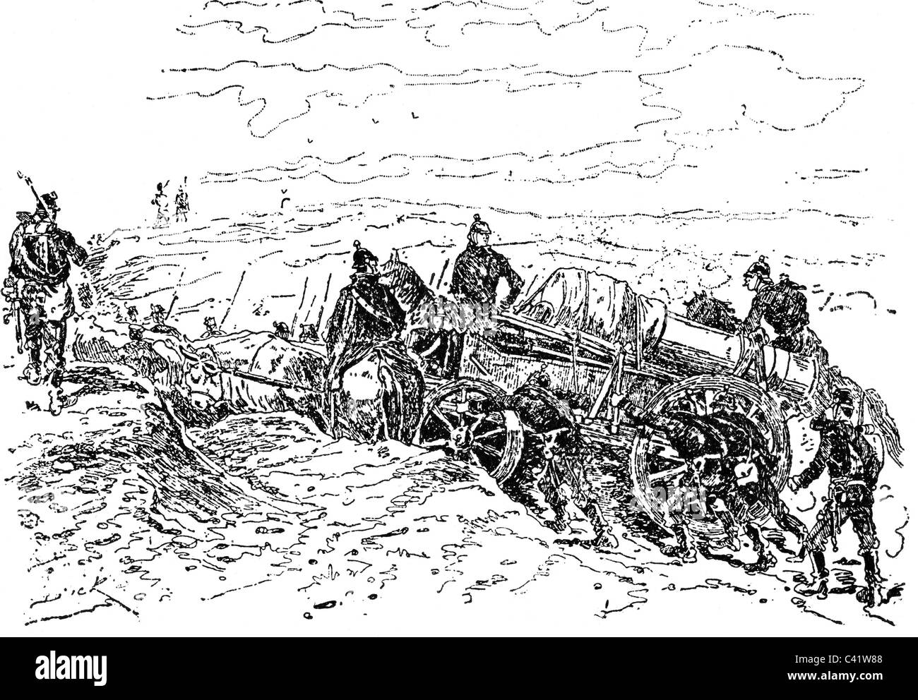 events, Franco-Prussian War 1870 - 1871, Siege of Metz 20.8.- 27.10.1870, transport of a German siege gun, wood engraving, late 19th century, heavy artillery, canon, pushing, hill, France, soldiers, Lorraine, Franco - Prussian, historic, historical, people, Additional-Rights-Clearences-Not Available Stock Photo