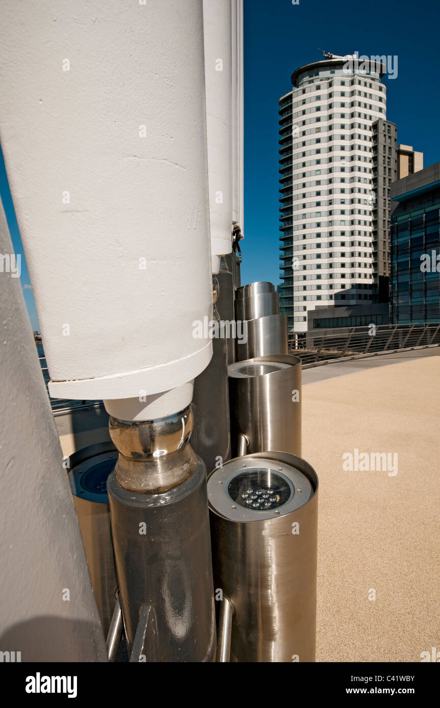 Detail of the uplighters on the MediaCityUK swing footbridge, Manchester Ship Canal, Salford Quays, Manchester, England, UK Stock Photo