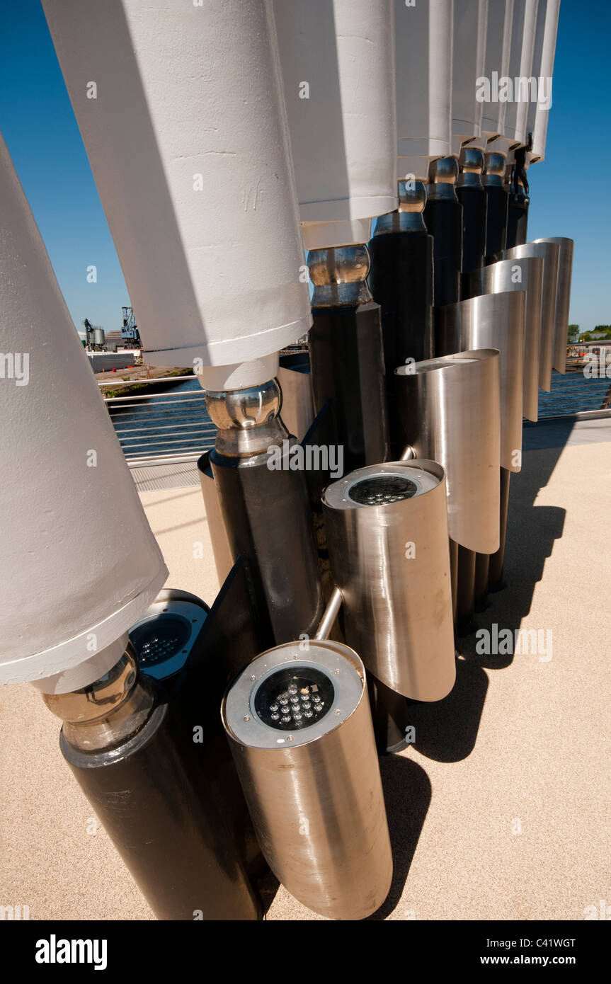 Detail of the uplighters on the MediaCityUK swing footbridge, Manchester Ship Canal, Salford Quays, Manchester, England, UK Stock Photo