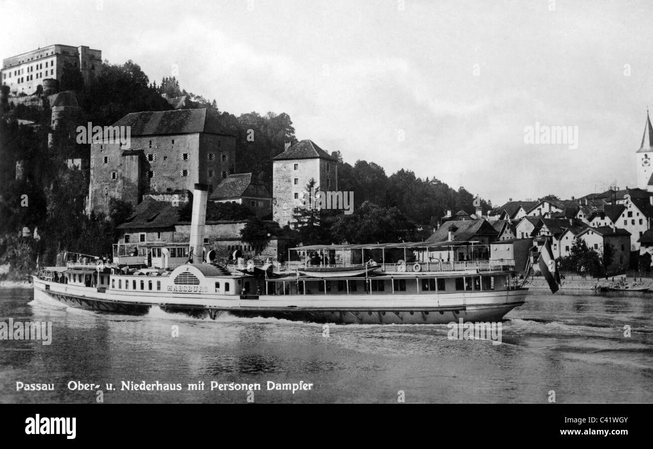 geography / travel, Germany, Passau, river Danube with paddle steamer near  Veste Niederhaus, picture postcard, Wutz, Munich, circa 1905,  Additional-Rights-Clearences-Not Available Stock Photo - Alamy