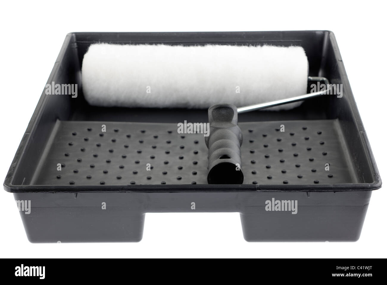 Black plastic paint tray and emulsion paint roller Stock Photo Alamy