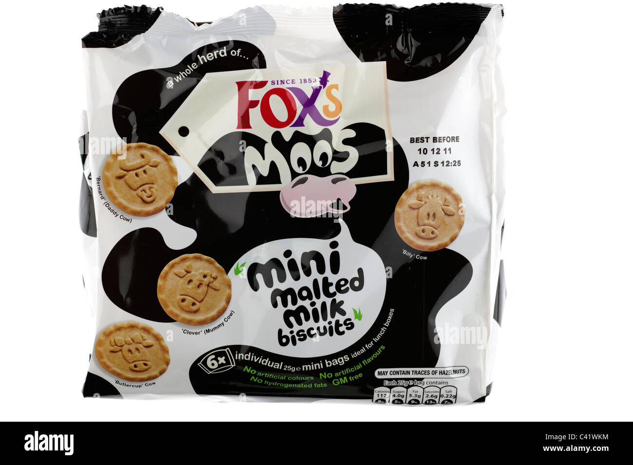 Packet containing six 25 gram mini bags of Fox's Moos mini malted milk biscuits Stock Photo