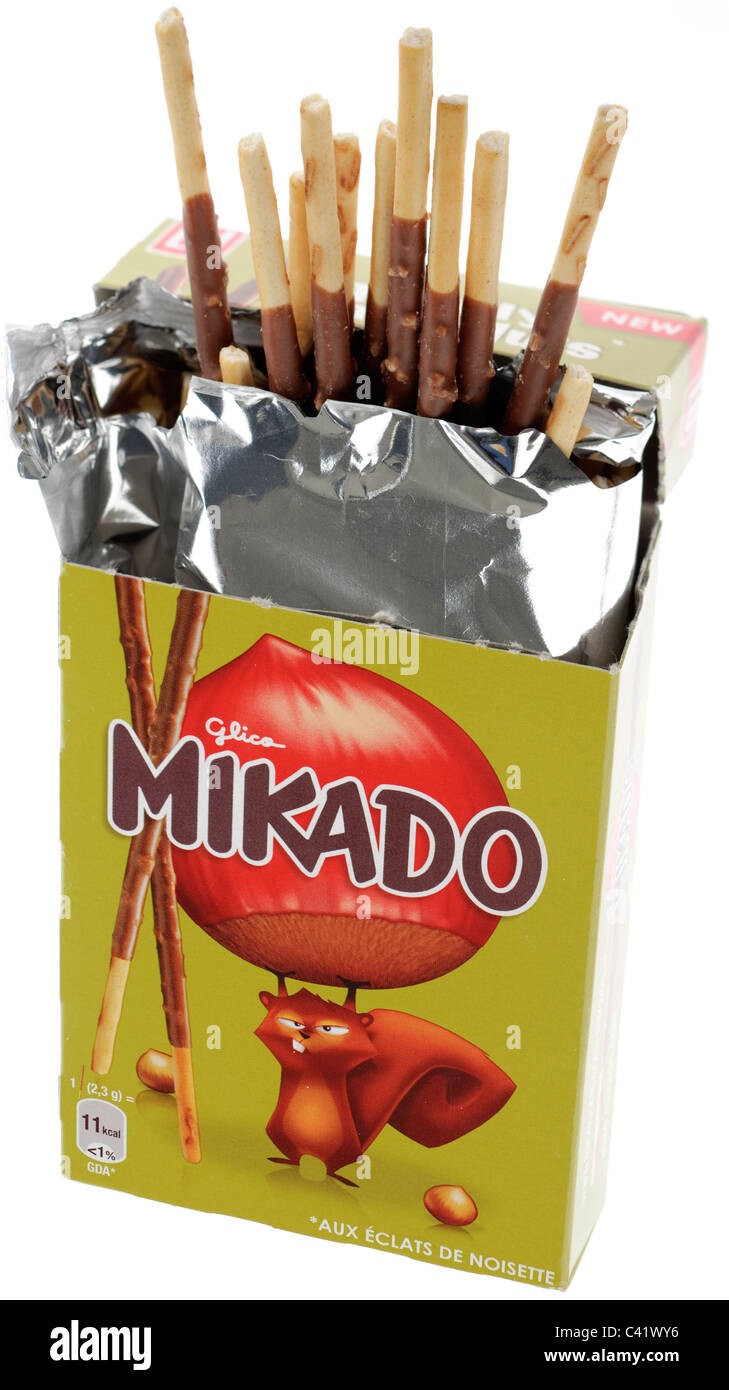 Box of New Glico Mikado Totally hazelnuts milk chocolate sticks with hazelnut pieces Stock Photo