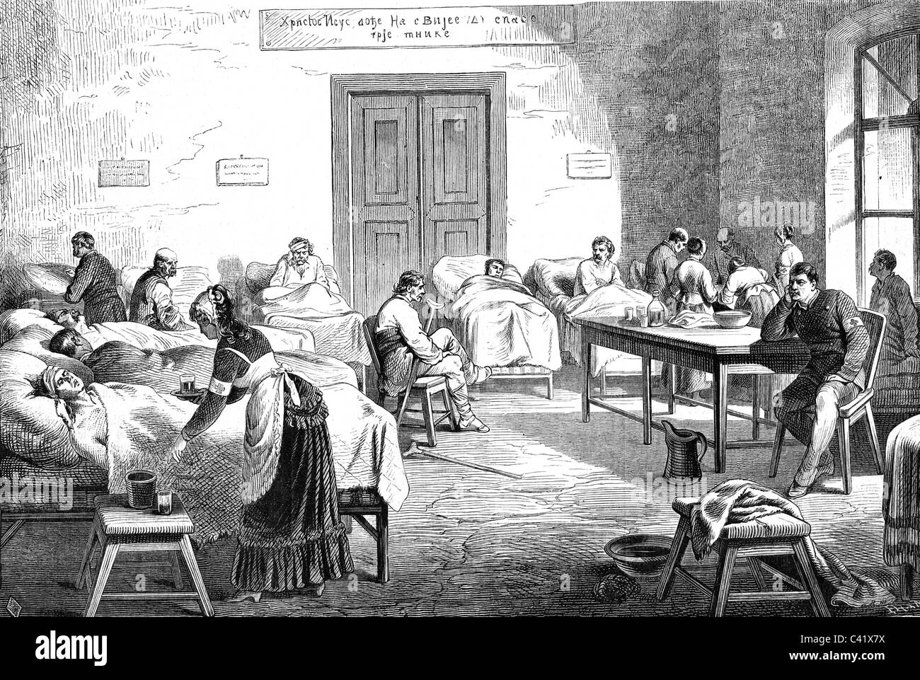 events, Eleventh Russo-Turkish War 1877 - 1878, English hospital in Belgrade, Serbia, wood engraving, 1877, medicine, British, Red Cross, nurses, nurse, sick, ward, Balkan Crisis, Russo - Turkish, 19th century, historic, historical, people, Additional-Rights-Clearences-Not Available Stock Photo