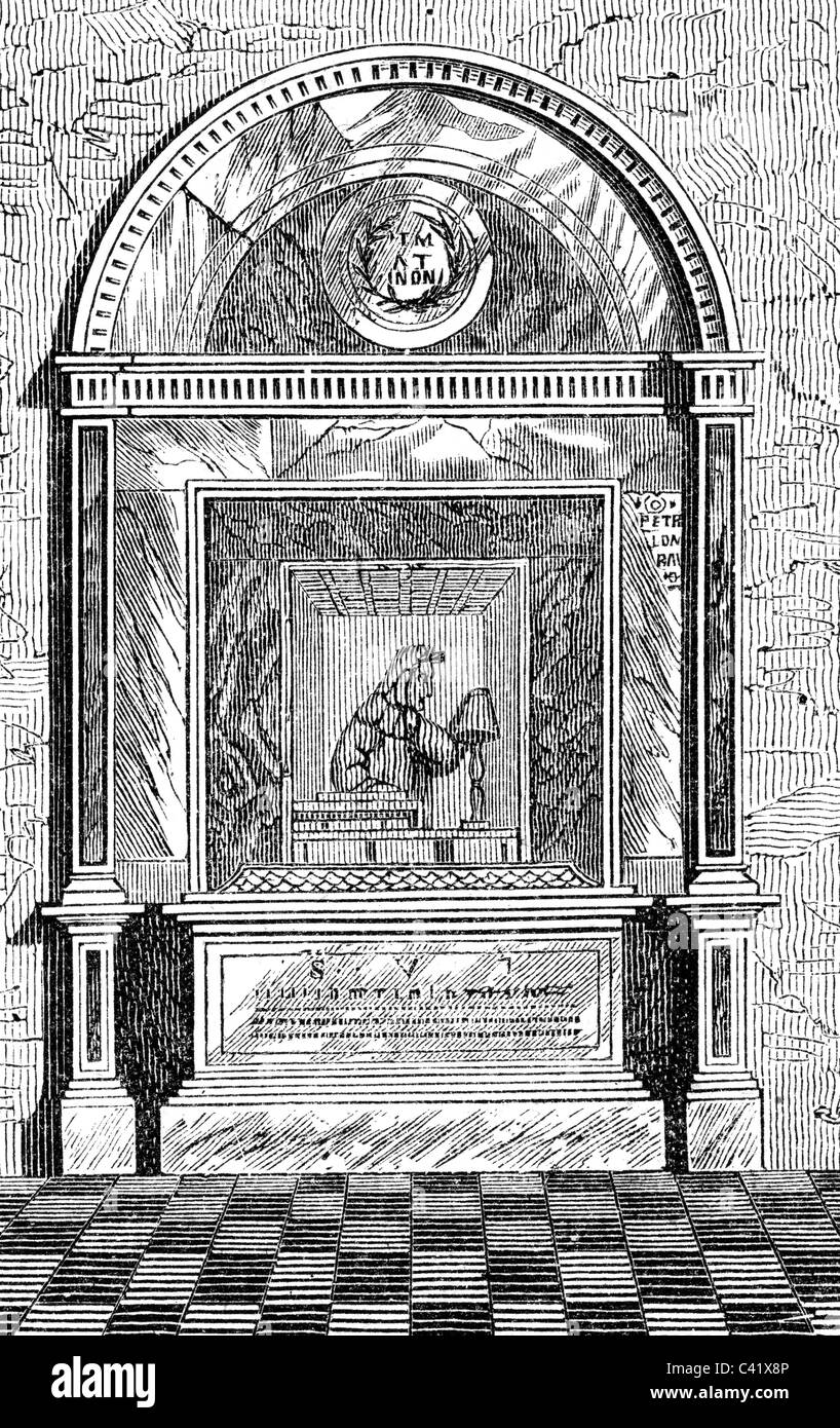 Dante Alighieri, 1265 - 14.9.1321, Italian author / writer, tomb in Ravenna, view, wood engraving, 19th century, Stock Photo