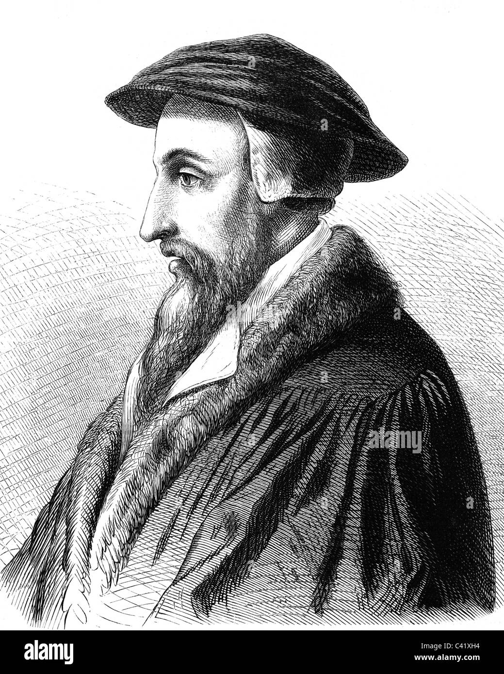 Calvin, John, 10.7.1509 - 27.5.1564, French reformer, portrait, portrait, profile, 19th century, Stock Photo