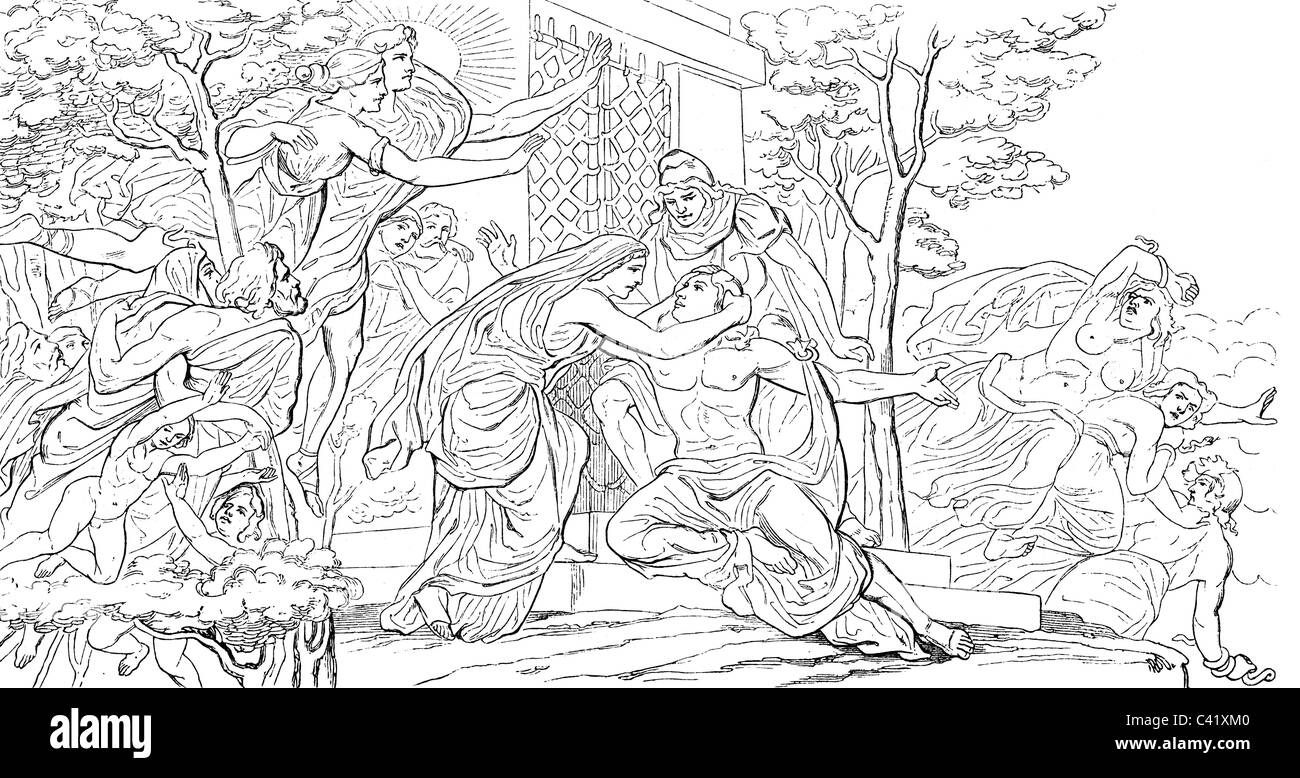 literature, legends, Greek mythology, conciliation of the curse by Orestes and Iphigeneía, steel engraving by Sagert after drawing by Hermann Heidel, 1850, Additional-Rights-Clearences-Not Available Stock Photo