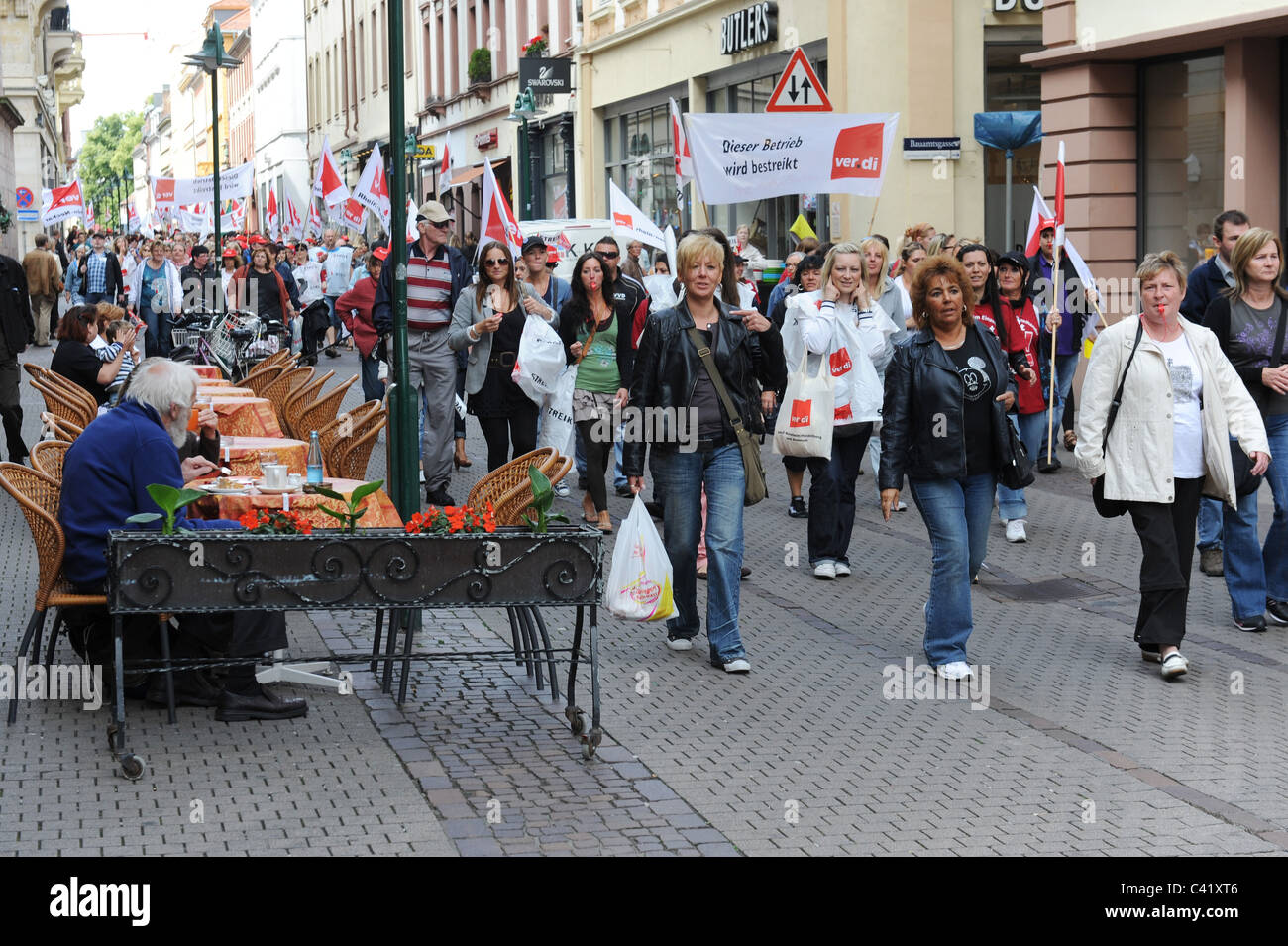 Shop workers from Galleria Kaufhof striking for more pay as the march through the streets of Heidelberg Germany 27/5/11 Stock Photo