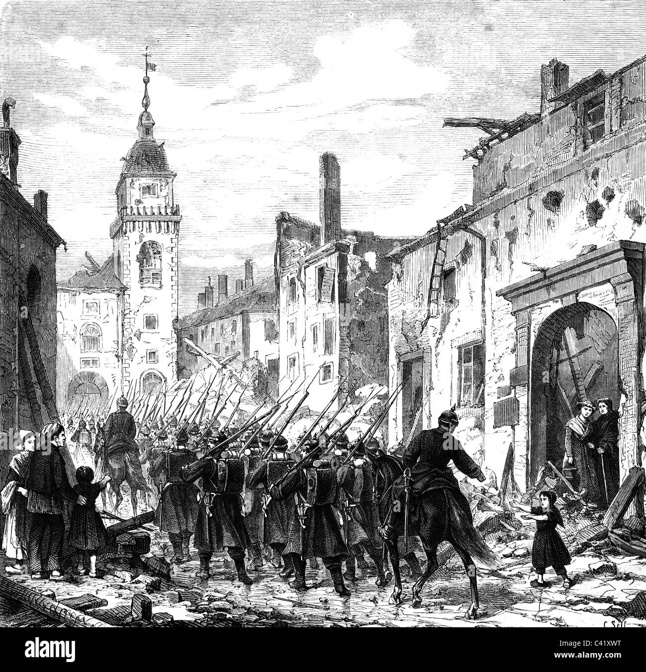 events, Franco-Prussian War 1870 - 1871, Siege of Thionville(Diedenhofen) 9.- 25.11.1870, Prussian troops entering the town, 25.11.1870, contemporary wood engraving after drawing by Christian Sell, Prussia, Prussians, occupation, soldiers, civilists, women, children, ruins, Franco Prussian, Lorraine, France, Germany, 19th century, historic, historical, people, Additional-Rights-Clearences-Not Available Stock Photo