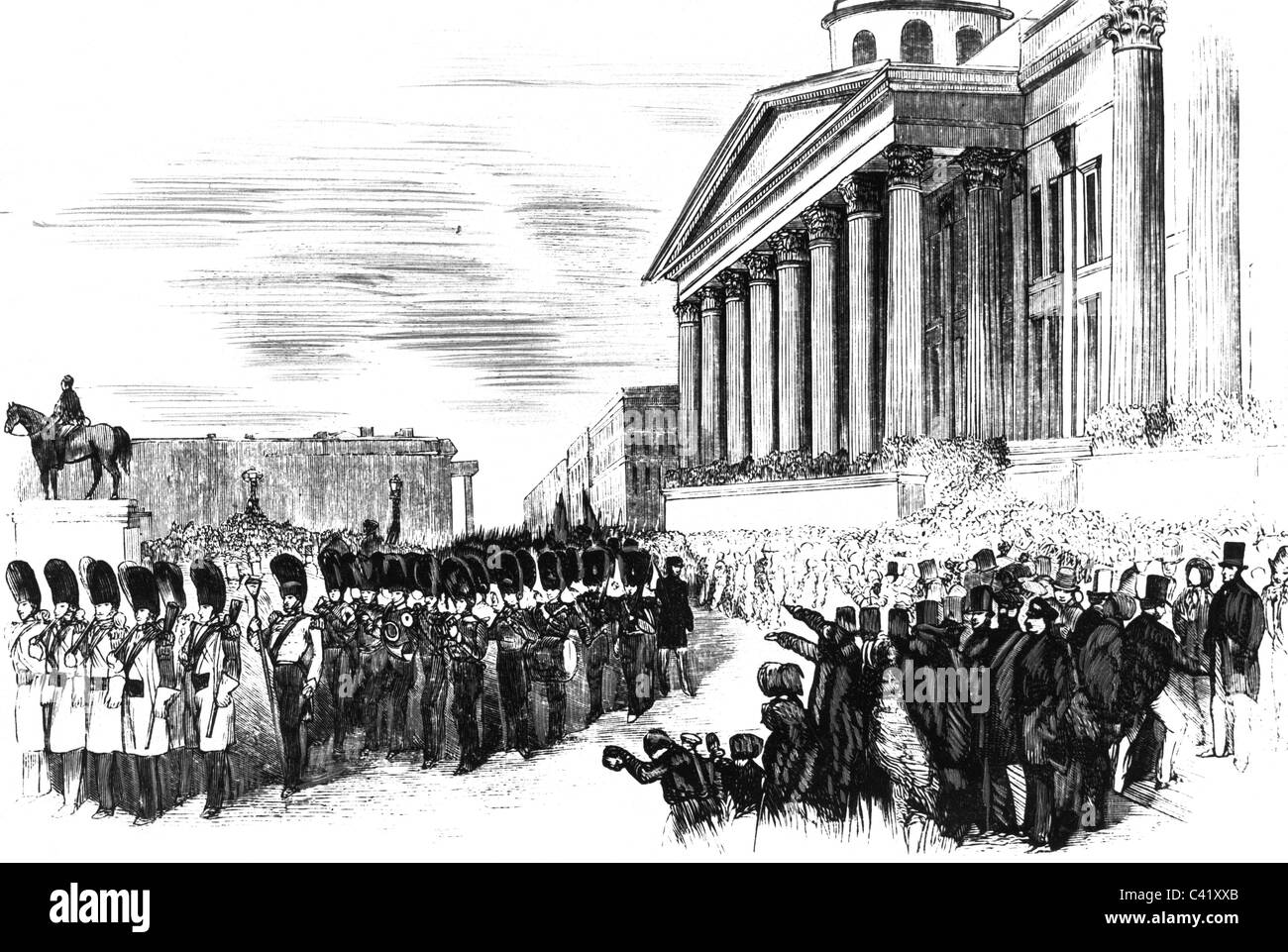 events, Crimean War 1853 - 1856, Brtitish Guard marching through London enroute to their embarcation, 14.2.1854, wood engraving, military, soldiers, expedition forces, infantry, band, musicians, music, 19th century, historic, historical, people, Additional-Rights-Clearences-Not Available Stock Photo