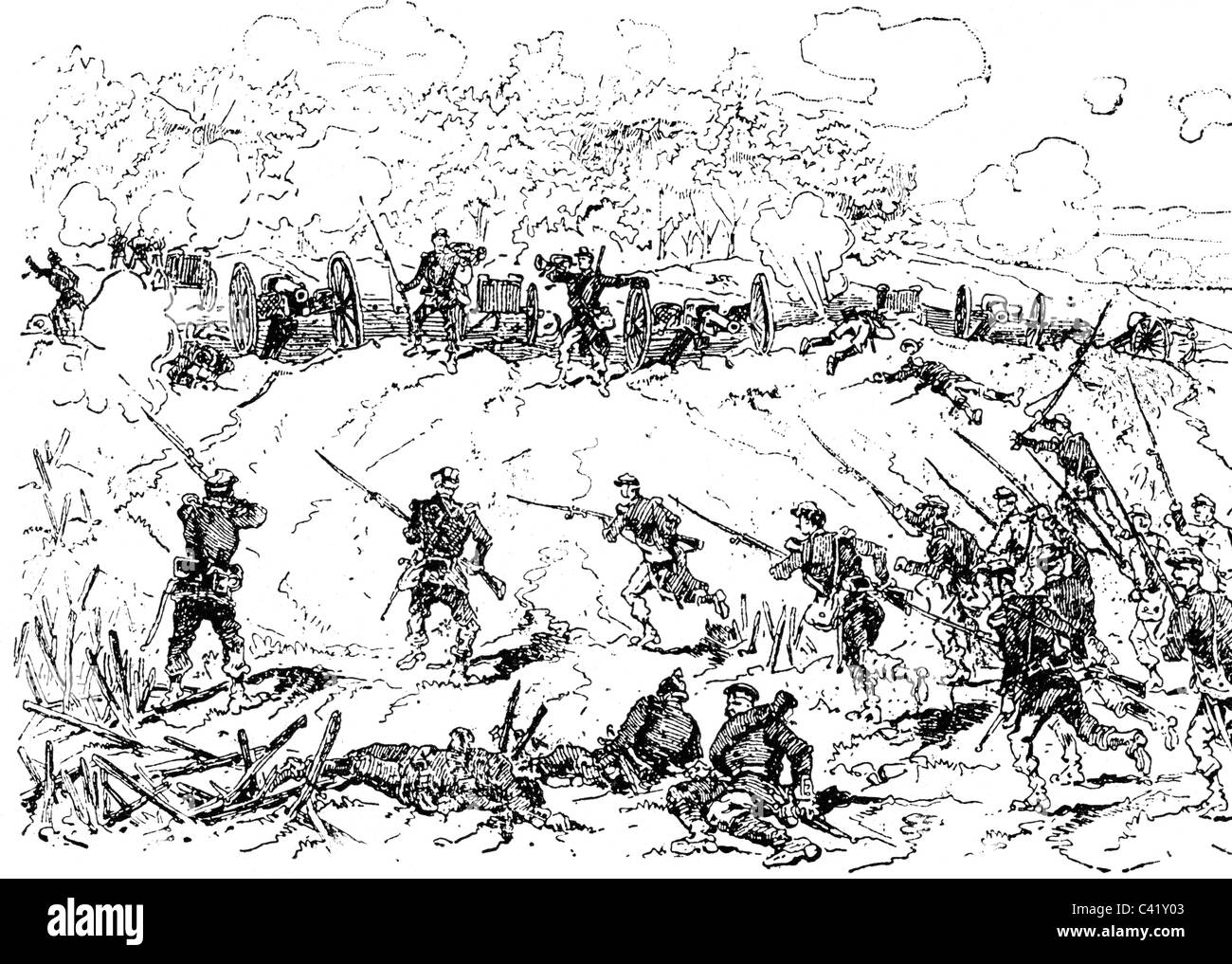 events, Franco-Prussian War 1870 - 1871, Battle of Schlacht bei Gravelotte, (Saint Privat), 18.8.1870, French infantry takes Prussian guns, wood engraving, late 19th century, Saint-Privat, German, artillery, cannons, Prussia, France, Lorraine, Germany, Franco Prussian, historic, historical, people, Additional-Rights-Clearences-Not Available Stock Photo