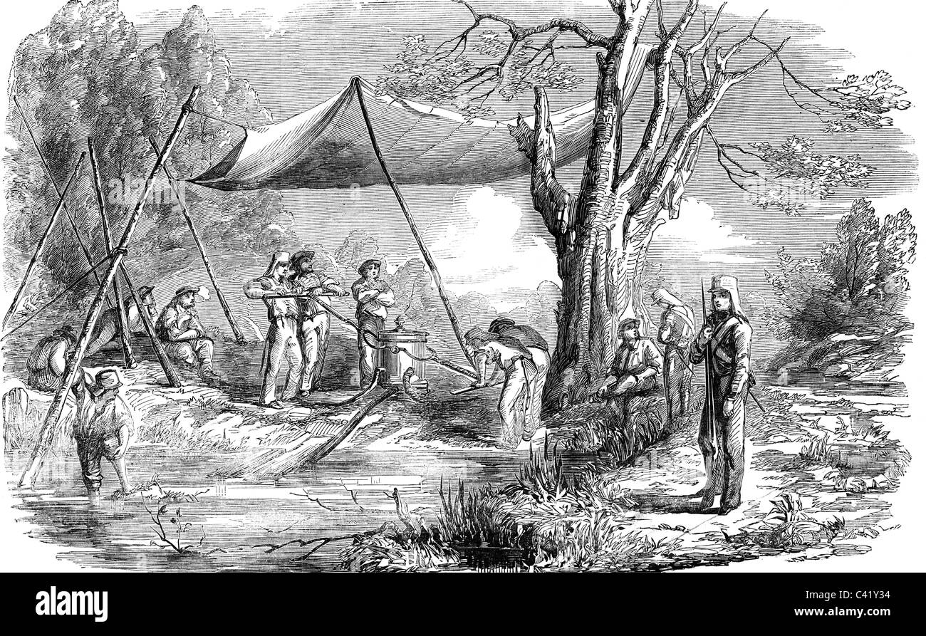 events, Second Anglo-Burmese War 1852 - 1853, sailors of the ship "Ferooz" and soldiers of the 51st Infantry Regiment as watering party, Bassein Creek, ...