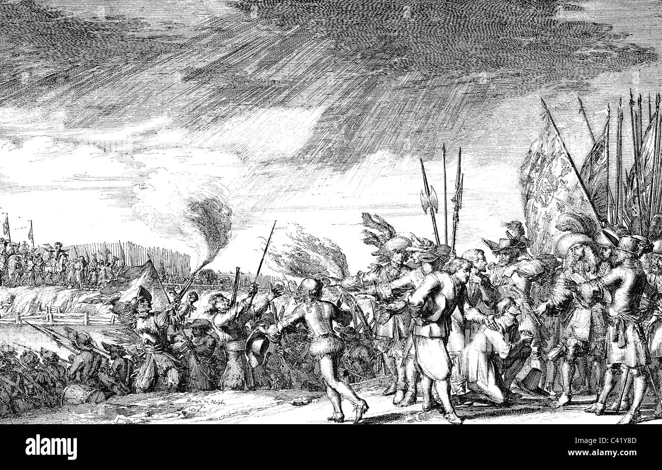 events, Franco-Dutch War 1672 - 1679, atrocities of French soldiers in the Netherlands 1672, contemporary copper engraving by Romain de Hooghe, Dutch War, France, pillaging, looting, military, killing, burning, fire, corpses, campaign, 17th century, historic, historical, people, Artist's Copyright has not to be cleared Stock Photo