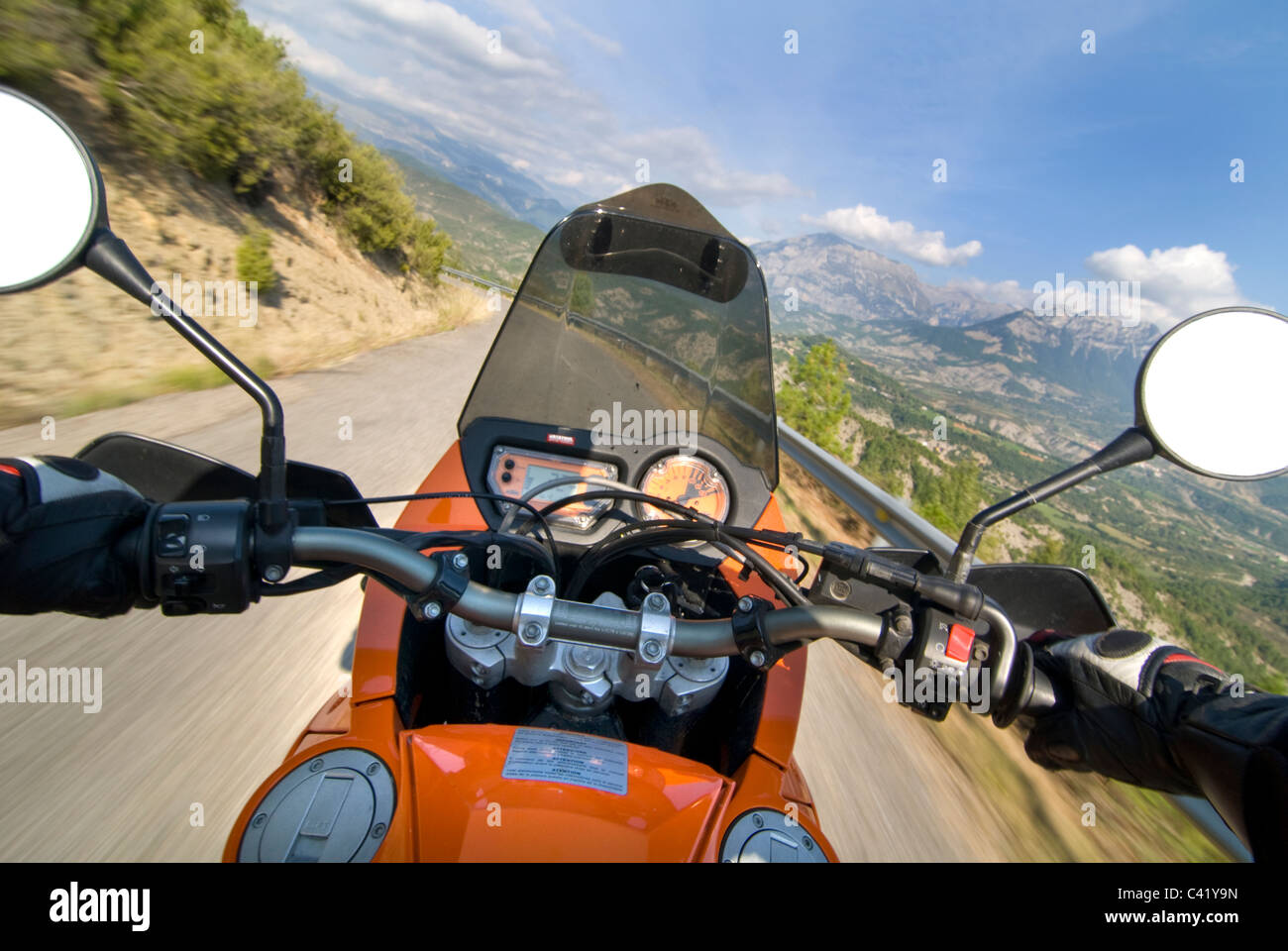 Motorcycle touring in the pyrenees near Yeba, Spain. Rider view Stock