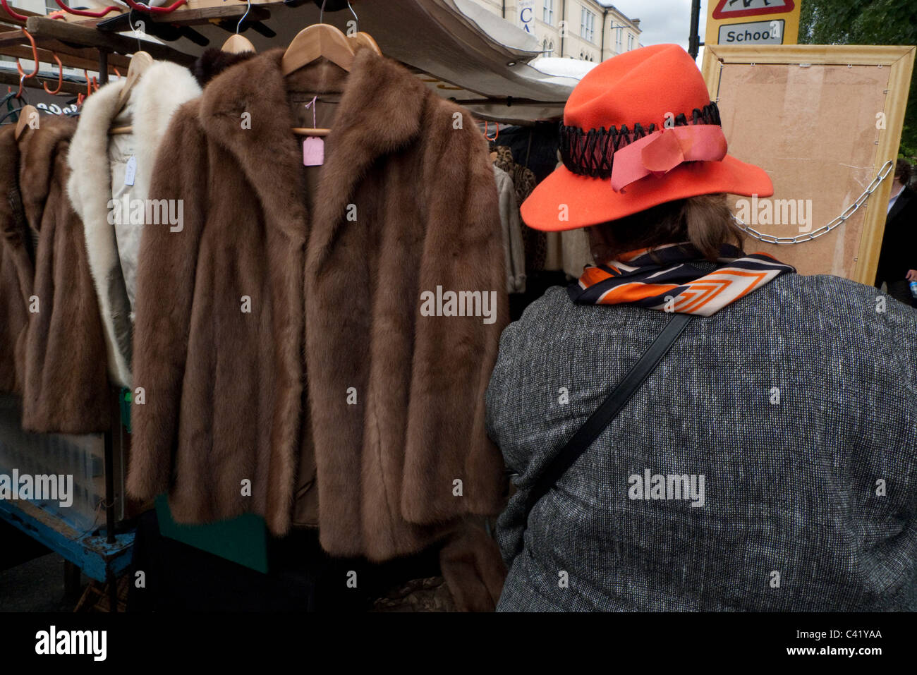 Vintage fur coats and jackets for sale on a Portobello Road market stall Notting Hill London England UK   KATHY DEWITT Stock Photo