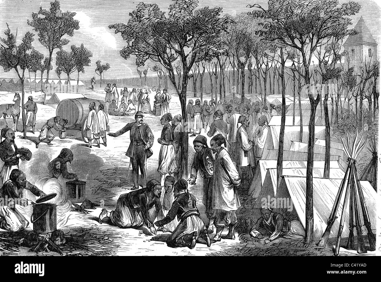 events, Franco-Prussian War 1870 - 1871, camp of French Zouaves, 1870, wood engraving, 19th century, soldiers, bivouac, cooking, food, tents, colonial infantry, North Africans, France, Franco Prussian, historic, historical, people, Additional-Rights-Clearences-Not Available Stock Photo