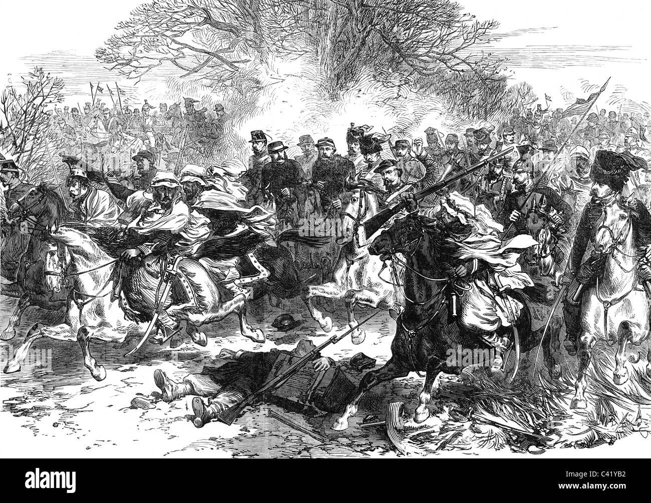 events, Franco-Prussian War 1870 - 1871, Second Battle of Orleans 3.- 4.12.1870, flight of the French cavalry, wood engraving, 1870, France, soldiers, North Africans, colonial troops, retreat, Franco Prussian, 19th century, historic, historical, people, Additional-Rights-Clearences-Not Available Stock Photo