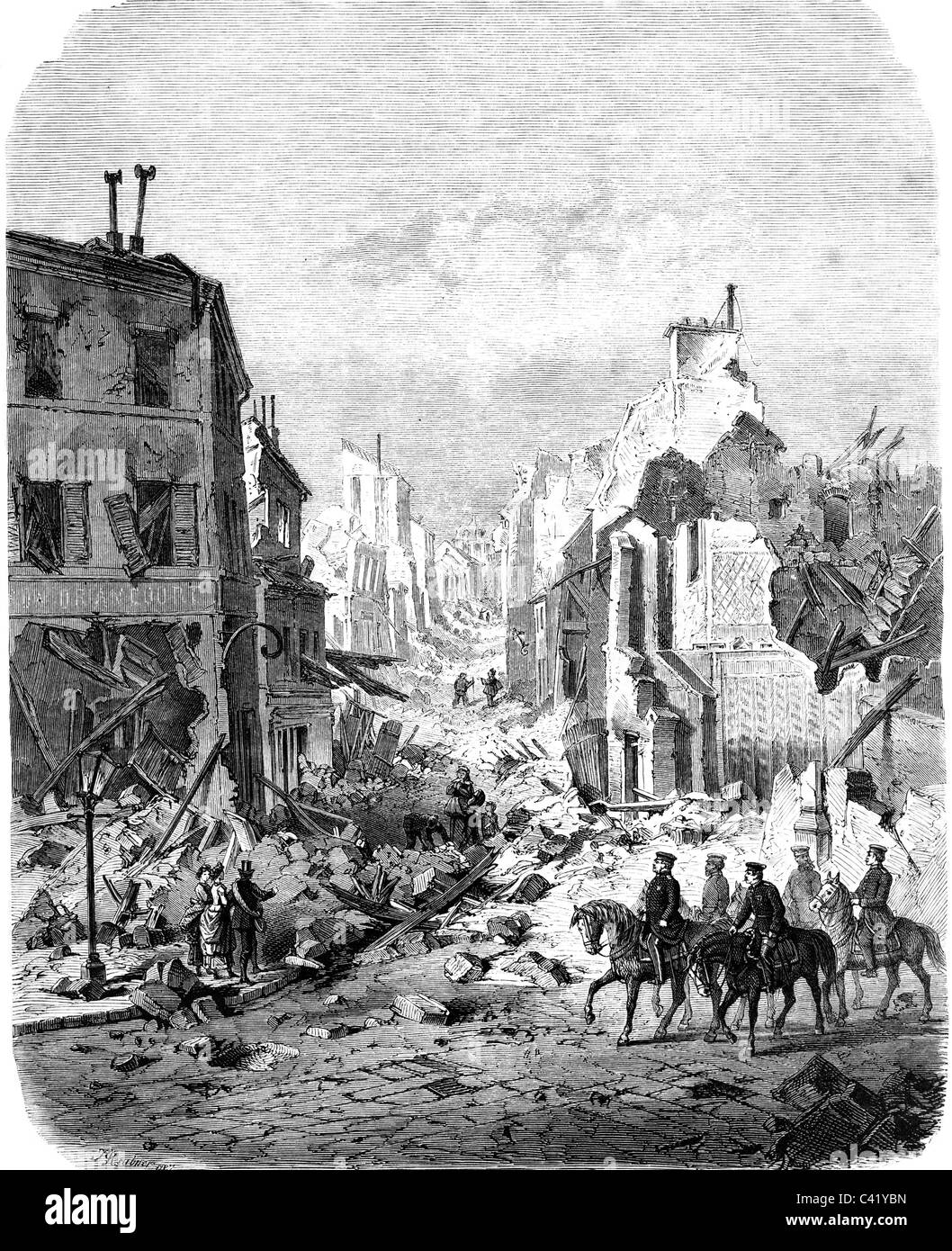 events, Franco-Prussian War 1870 - 1871, ruins of Saint Cloud, Rue Royale, 16.2.1871, contemporary wood engraving after drawing by F. W. Heine, German, Germans, occupation, soldiers, civilists, Franco Prussian, Ile-de-France, Ile de France, Germany, 19th century, historic, historical, people, Additional-Rights-Clearences-Not Available Stock Photo