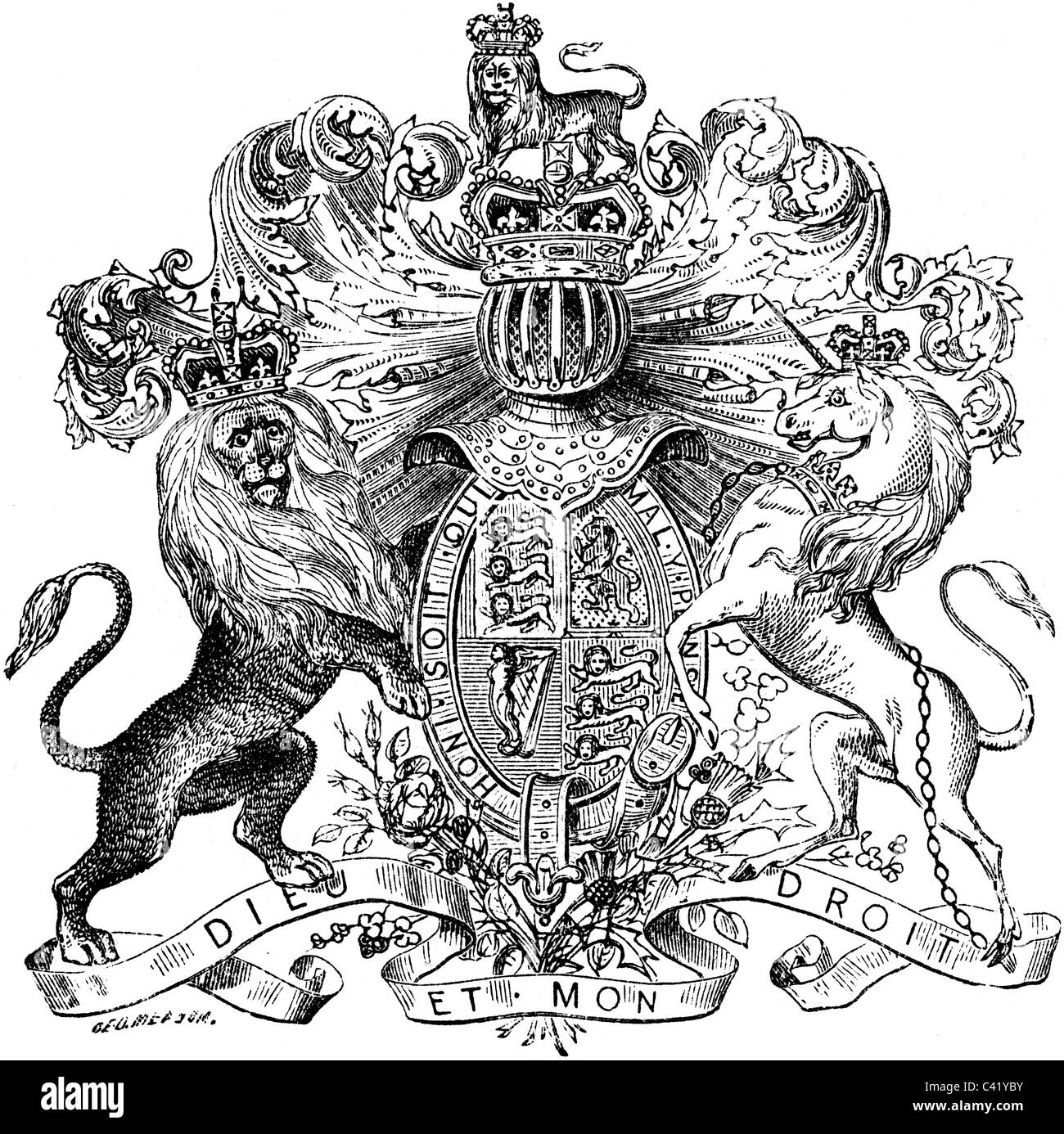 19th Century book illustration, taken from 9th edition (1875) of Encyclopaedia Britannica, of Coat Of Arms Of Great Britain Stock Photo