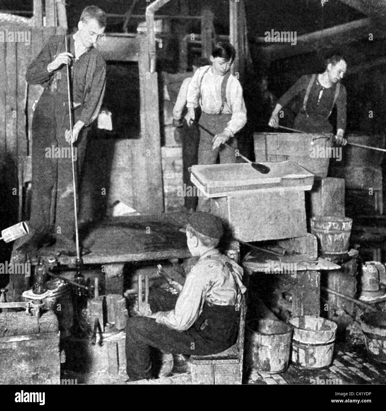 industry, glass, glass production, blowing and forming of bottles, 1908