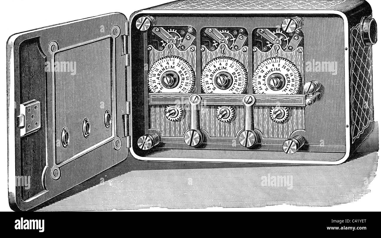 technics, locks, time lock, chronographe, wood engraving, Germany, 2nd half 19th century, clockwork, clockworks, historic, historical, Additional-Rights-Clearences-Not Available Stock Photo