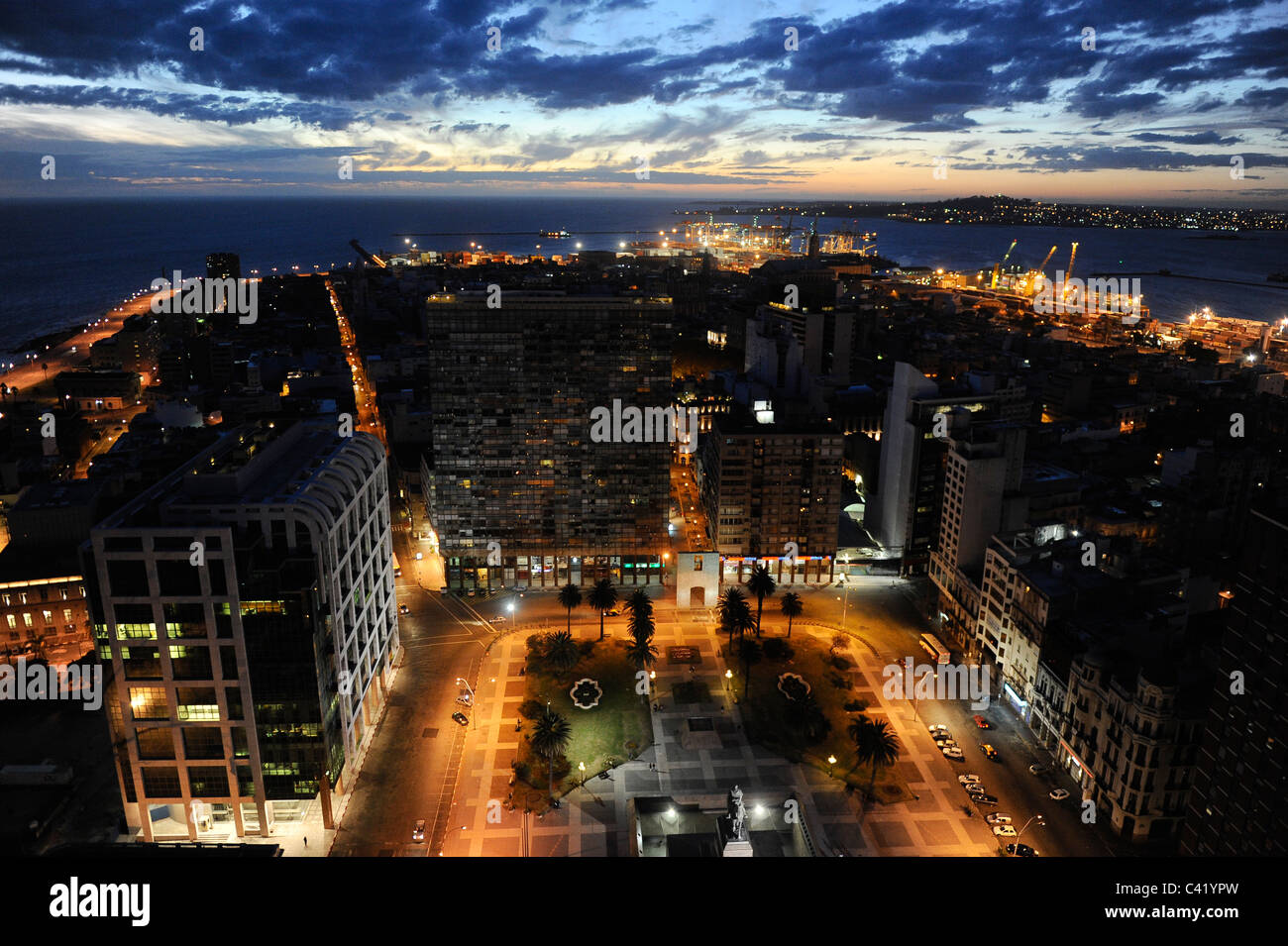 URUGUAY Montevideo view from Palacio Salvo at public square Plaza de Independencia to the harbour at Rio del la Plata Stock Photo